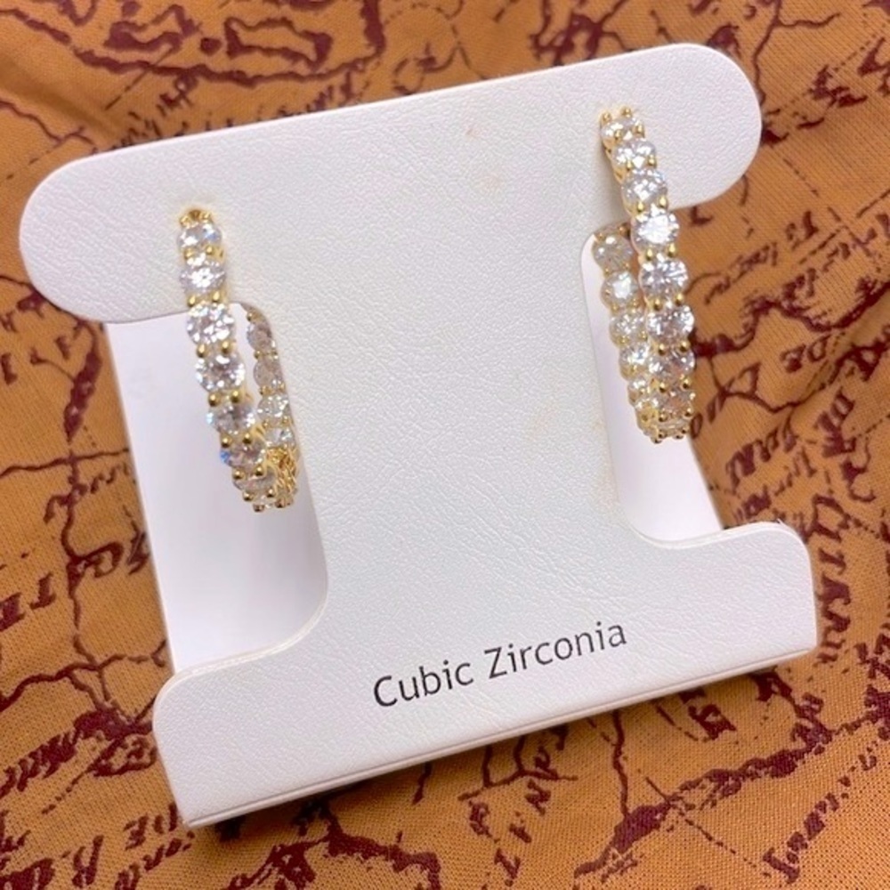Brand New Cubic Zirconia Gold Tone Hoop Earrings Inside Outside Synthetic Gems